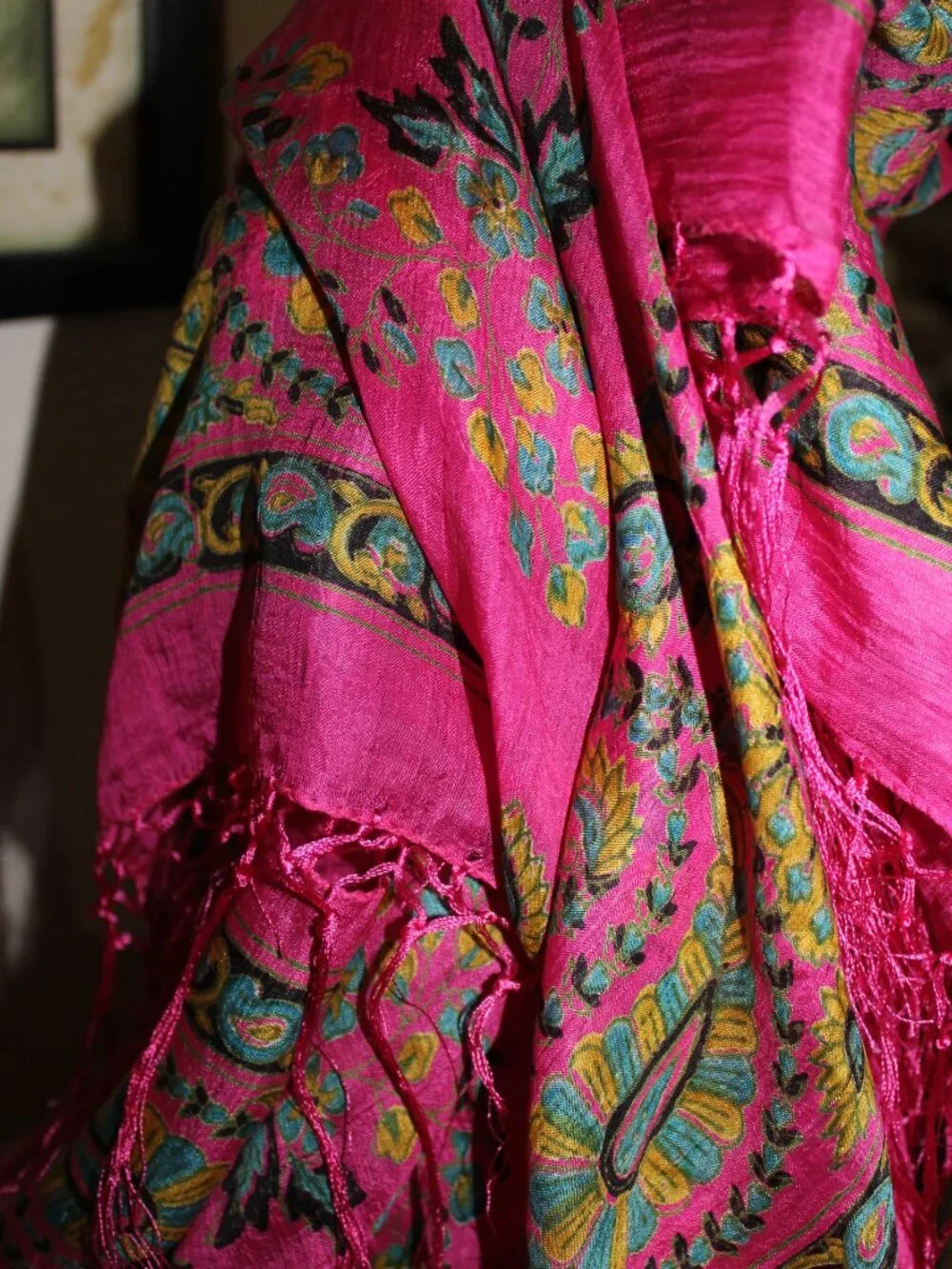 Bright silk scarf.